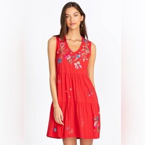 Johnny Was Cleo Tiered Knit Red Embroidered Cotton Tank Dress Size Medium